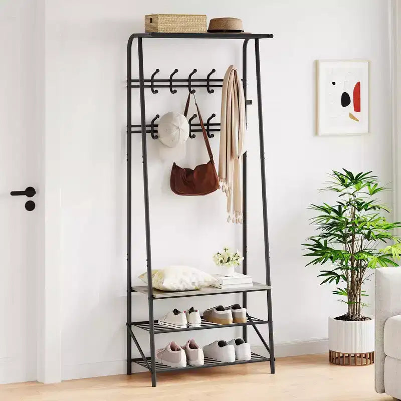 Appendiabiti, albero da ingresso 4 in 1, panca portascarpe con struttura in metallo, scaffale a 3 ripiani e 10 ganci per ingresso, corridoio, camera da letto