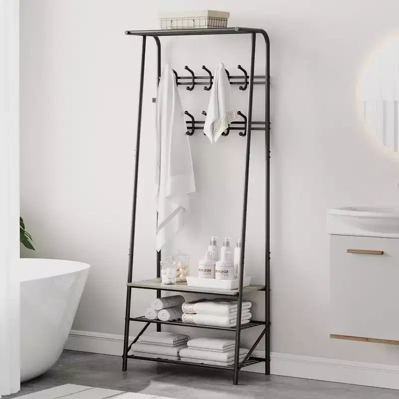 Appendiabiti, albero da ingresso 4 in 1, panca portascarpe con struttura in metallo, scaffale a 3 ripiani e 10 ganci per ingresso, corridoio, camera da letto