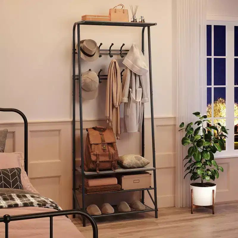 Appendiabiti, albero da ingresso 4 in 1, panca portascarpe con struttura in metallo, scaffale a 3 ripiani e 10 ganci per ingresso, corridoio, camera da letto
