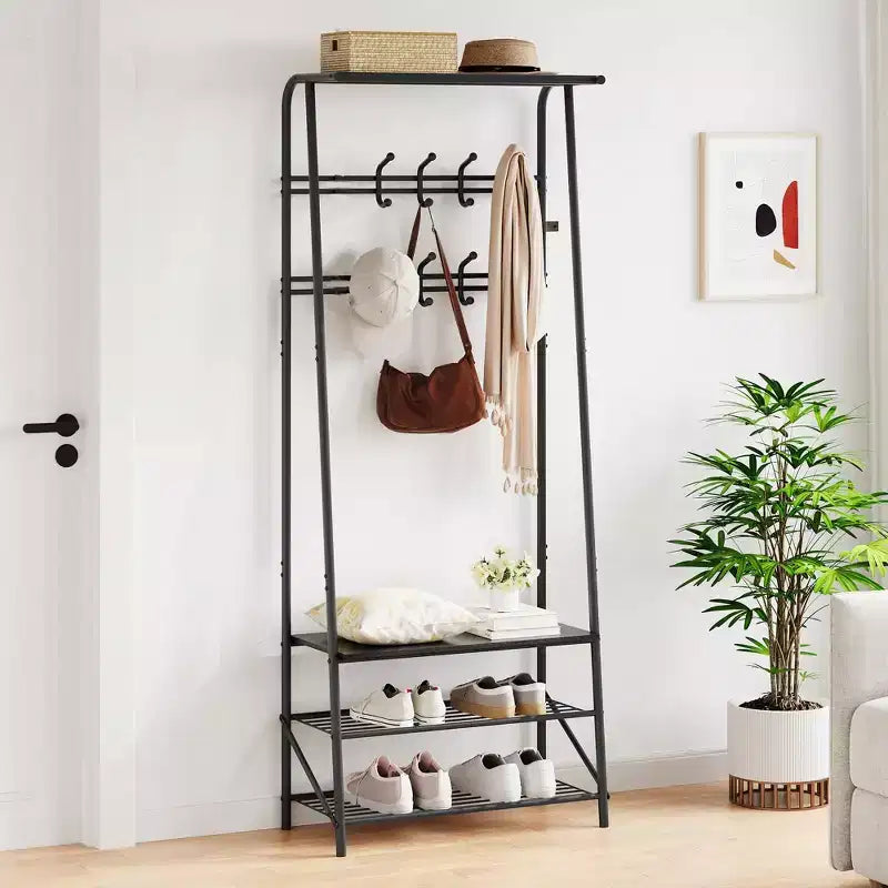 Appendiabiti, albero da ingresso 4 in 1, panca portascarpe con struttura in metallo, scaffale a 3 ripiani e 10 ganci per ingresso, corridoio, camera da letto