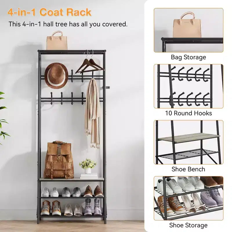 Appendiabiti, albero da ingresso 4 in 1, panca portascarpe con struttura in metallo, scaffale a 3 ripiani e 10 ganci per ingresso, corridoio, camera da letto