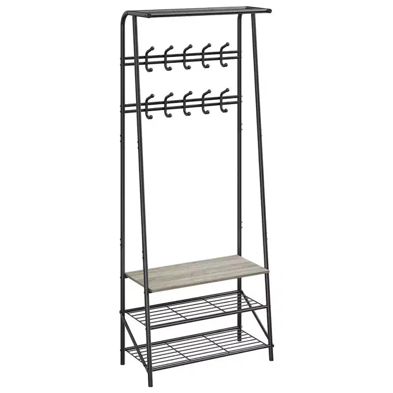 Appendiabiti, albero da ingresso 4 in 1, panca portascarpe con struttura in metallo, scaffale a 3 ripiani e 10 ganci per ingresso, corridoio, camera da letto