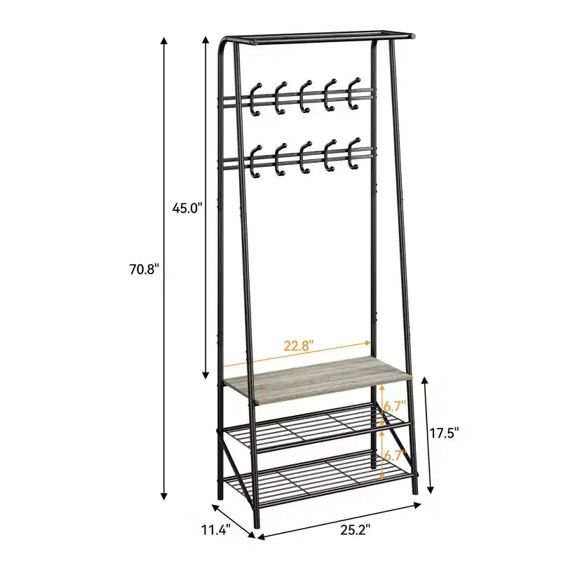 Appendiabiti, albero da ingresso 4 in 1, panca portascarpe con struttura in metallo, scaffale a 3 ripiani e 10 ganci per ingresso, corridoio, camera da letto