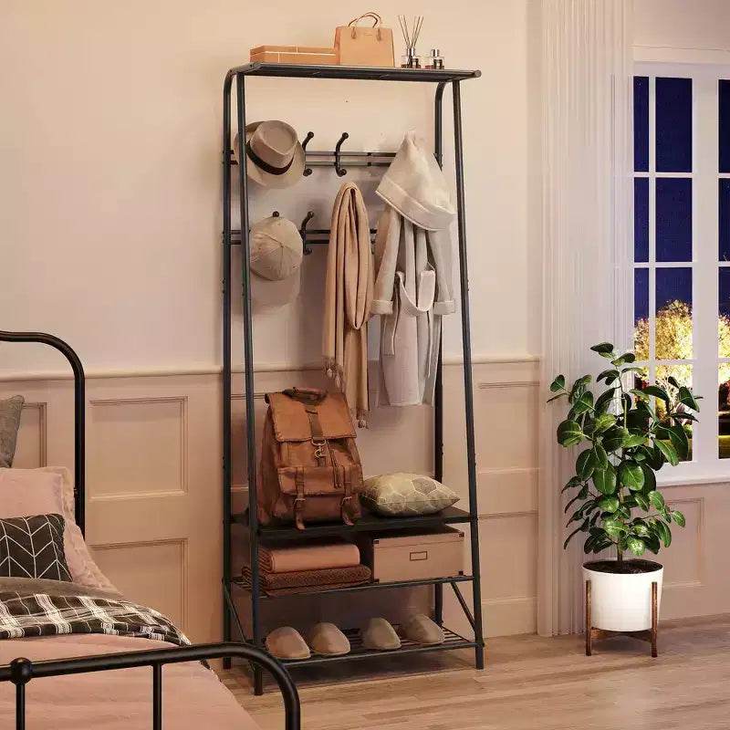 Appendiabiti, albero da ingresso 4 in 1, panca portascarpe con struttura in metallo, scaffale a 3 ripiani e 10 ganci per ingresso, corridoio, camera da letto