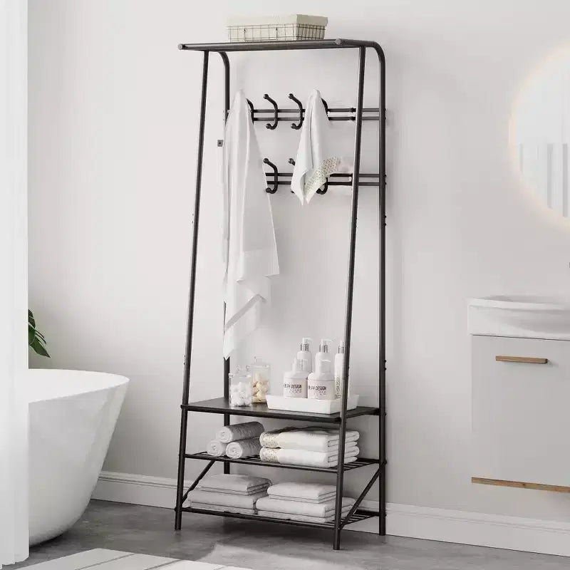 Appendiabiti, albero da ingresso 4 in 1, panca portascarpe con struttura in metallo, scaffale a 3 ripiani e 10 ganci per ingresso, corridoio, camera da letto