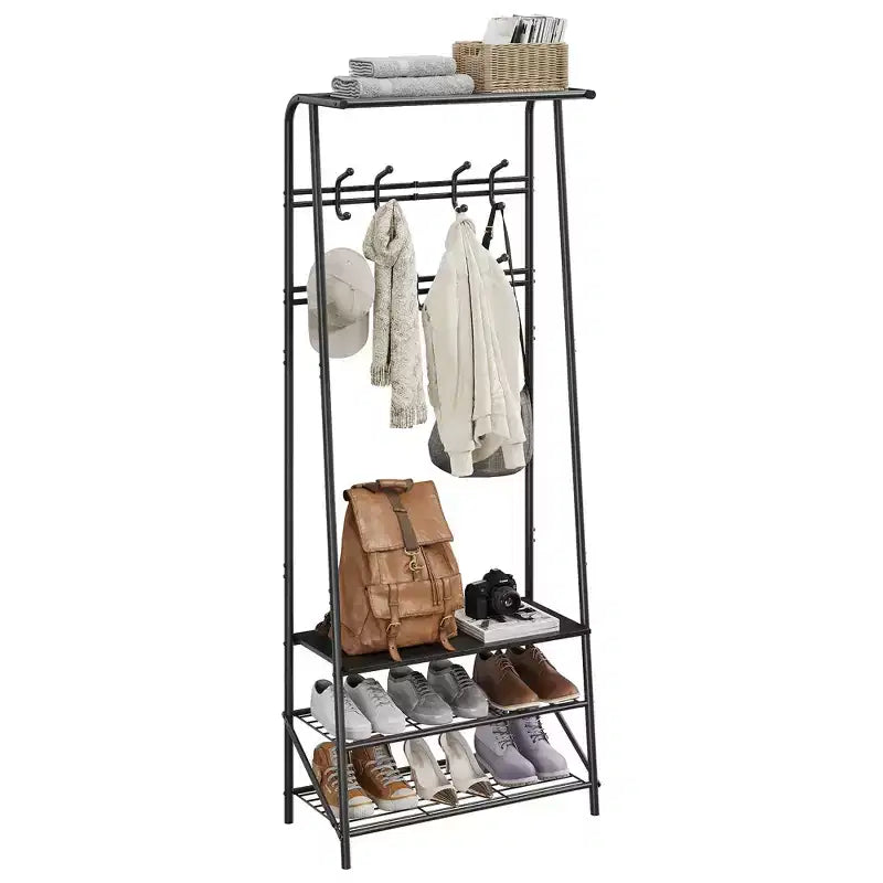 Appendiabiti, albero da ingresso 4 in 1, panca portascarpe con struttura in metallo, scaffale a 3 ripiani e 10 ganci per ingresso, corridoio, camera da letto