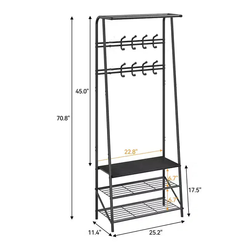Appendiabiti, albero da ingresso 4 in 1, panca portascarpe con struttura in metallo, scaffale a 3 ripiani e 10 ganci per ingresso, corridoio, camera da letto