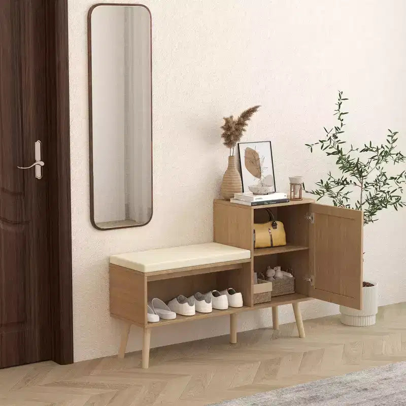 Panchina scarpiera 2 in 1, scarpiera in rattan naturale con 2 ripiani regolabili e cuscino di seduta rimovibile