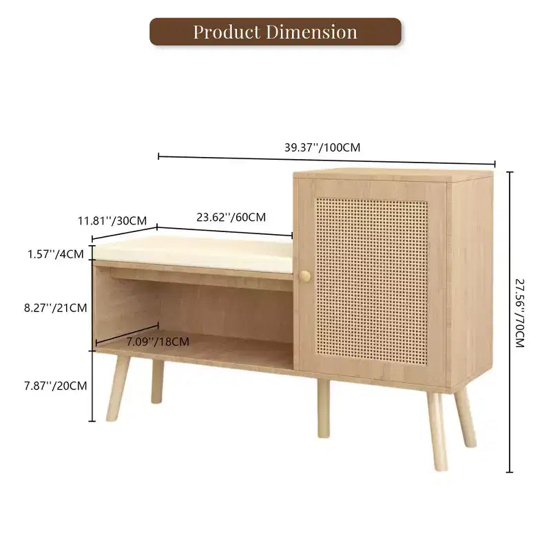Panchina scarpiera 2 in 1, scarpiera in rattan naturale con 2 ripiani regolabili e cuscino di seduta rimovibile