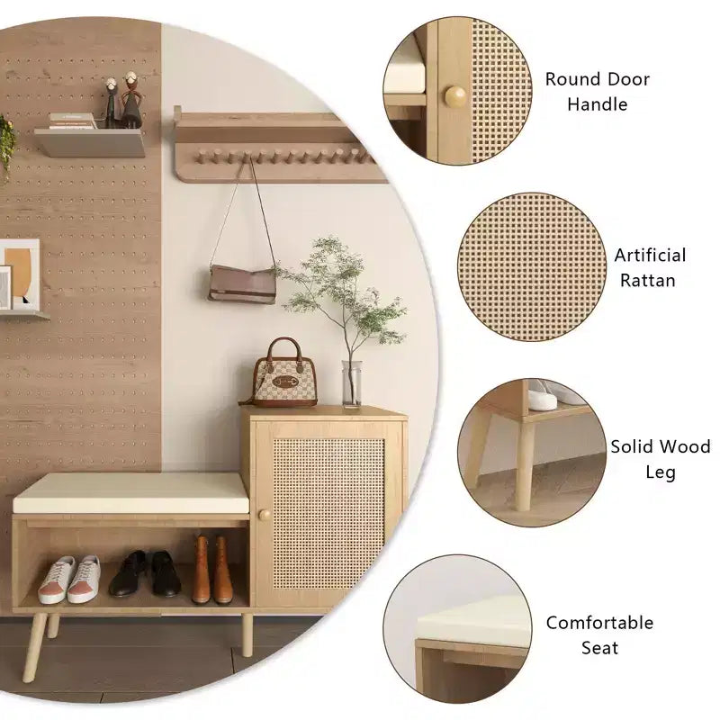 Panchina scarpiera 2 in 1, scarpiera in rattan naturale con 2 ripiani regolabili e cuscino di seduta rimovibile