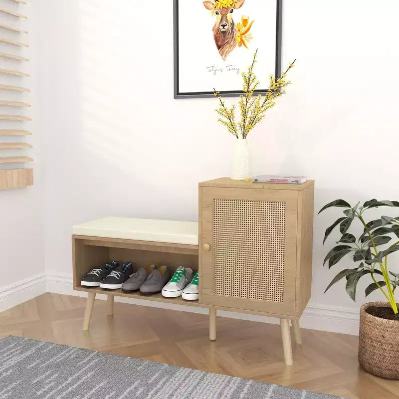 Panchina scarpiera 2 in 1, scarpiera in rattan naturale con 2 ripiani regolabili e cuscino di seduta rimovibile