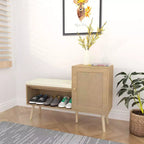 Panchina scarpiera 2 in 1, scarpiera in rattan naturale con 2 ripiani regolabili e cuscino di seduta rimovibile