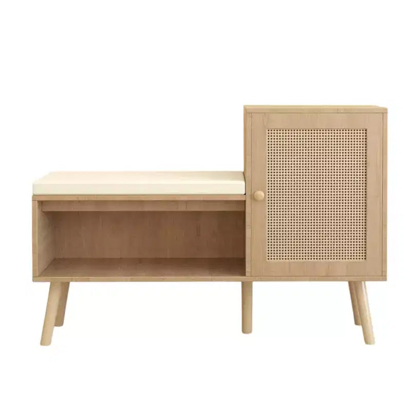 Panchina scarpiera 2 in 1, scarpiera in rattan naturale con 2 ripiani regolabili e cuscino di seduta rimovibile
