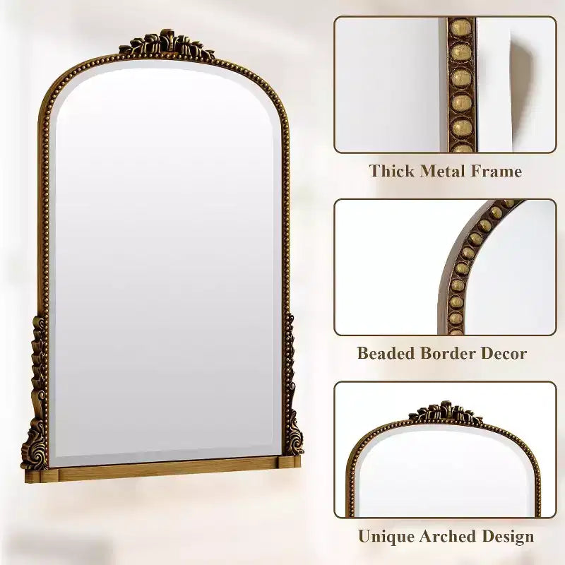 Specchio da parete 40x28, Specchio ad arco con perline e cornice in metallo, Specchio decorativo da bagno per ingresso, camera da letto o soggiorno