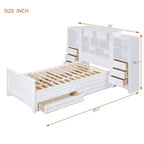 Letto a piattaforma singolo in legno con armadio verticale all-in-one e 4 cassetti su ogni lato, bianco