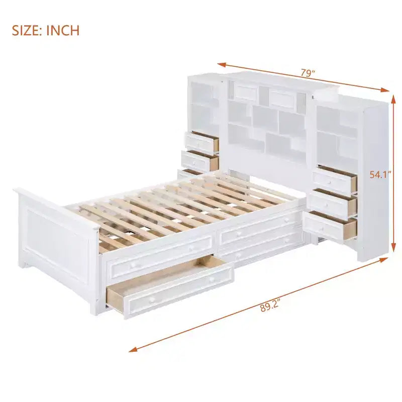 Letto a piattaforma singolo in legno con armadio verticale all-in-one e 4 cassetti su ogni lato, bianco