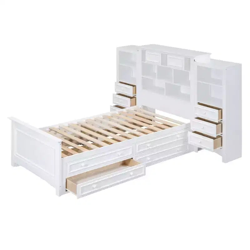 Letto a piattaforma singolo in legno con armadio verticale all-in-one e 4 cassetti su ogni lato, bianco