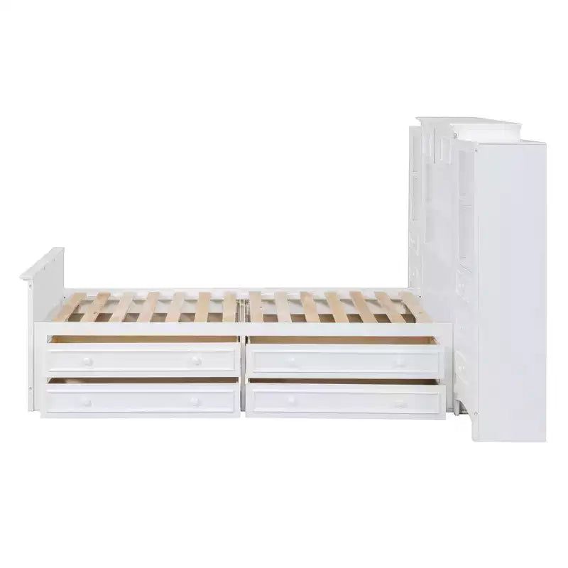 Letto a piattaforma singolo in legno con armadio verticale all-in-one e 4 cassetti su ogni lato, bianco