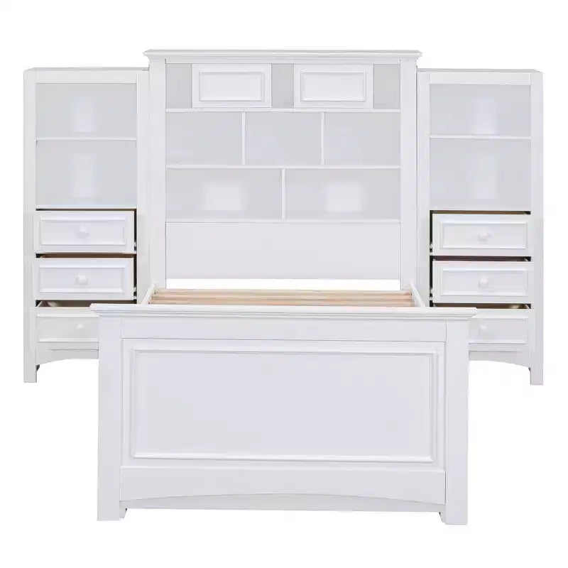 Letto a piattaforma singolo in legno con armadio verticale all-in-one e 4 cassetti su ogni lato, bianco