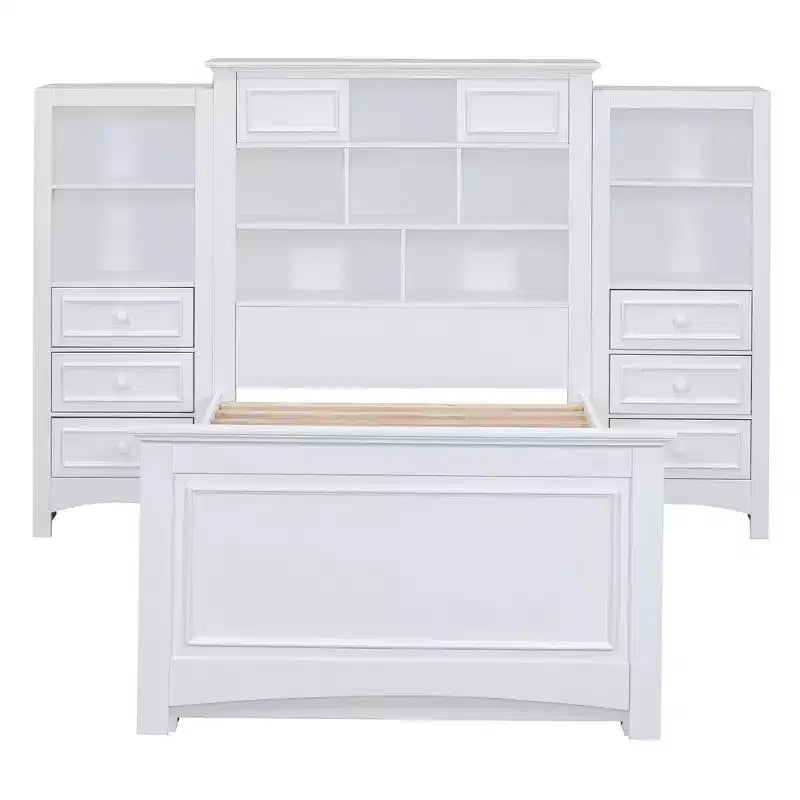 Letto a piattaforma singolo in legno con armadio verticale all-in-one e 4 cassetti su ogni lato, bianco