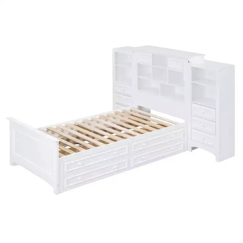 Letto a piattaforma singolo in legno con armadio verticale all-in-one e 4 cassetti su ogni lato, bianco