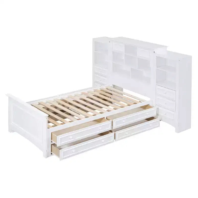 Letto a piattaforma singolo in legno con armadio verticale all-in-one e 4 cassetti su ogni lato, bianco