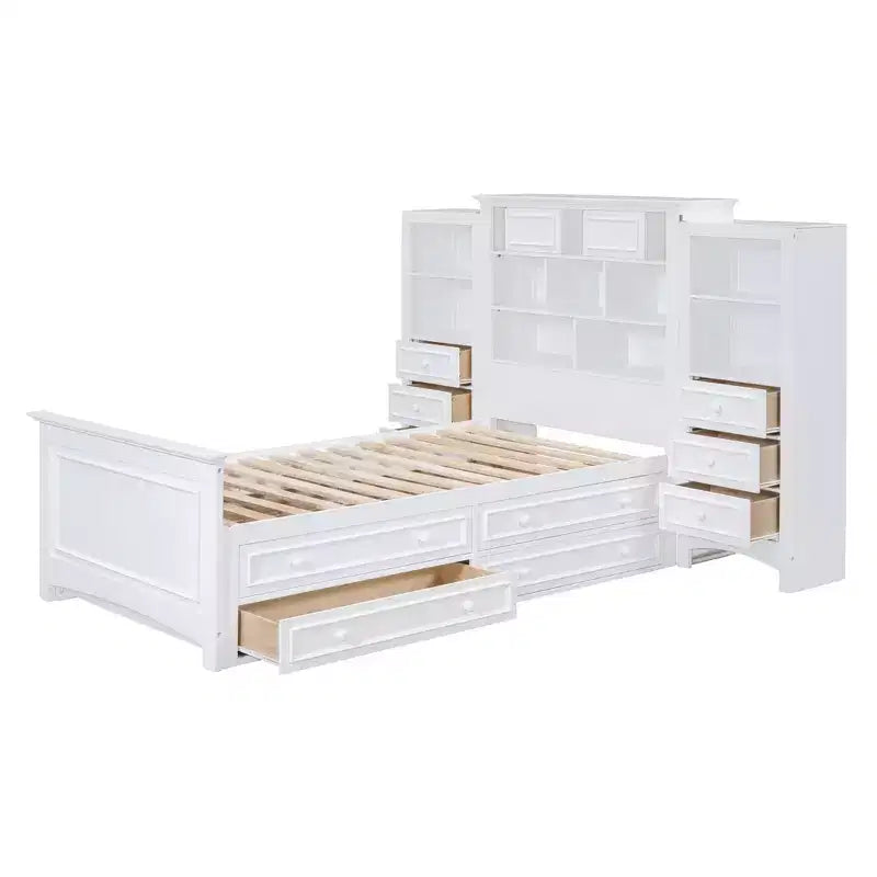Letto a piattaforma singolo in legno con armadio verticale all-in-one e 4 cassetti su ogni lato, bianco