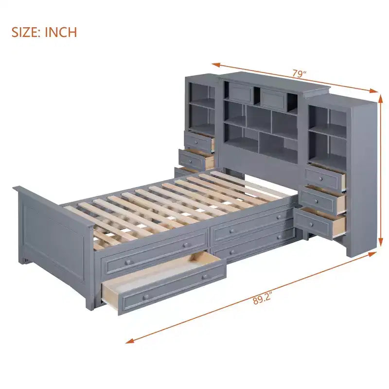 Letto a piattaforma singolo in legno con armadio verticale all-in-one e 4 cassetti su ogni lato, bianco