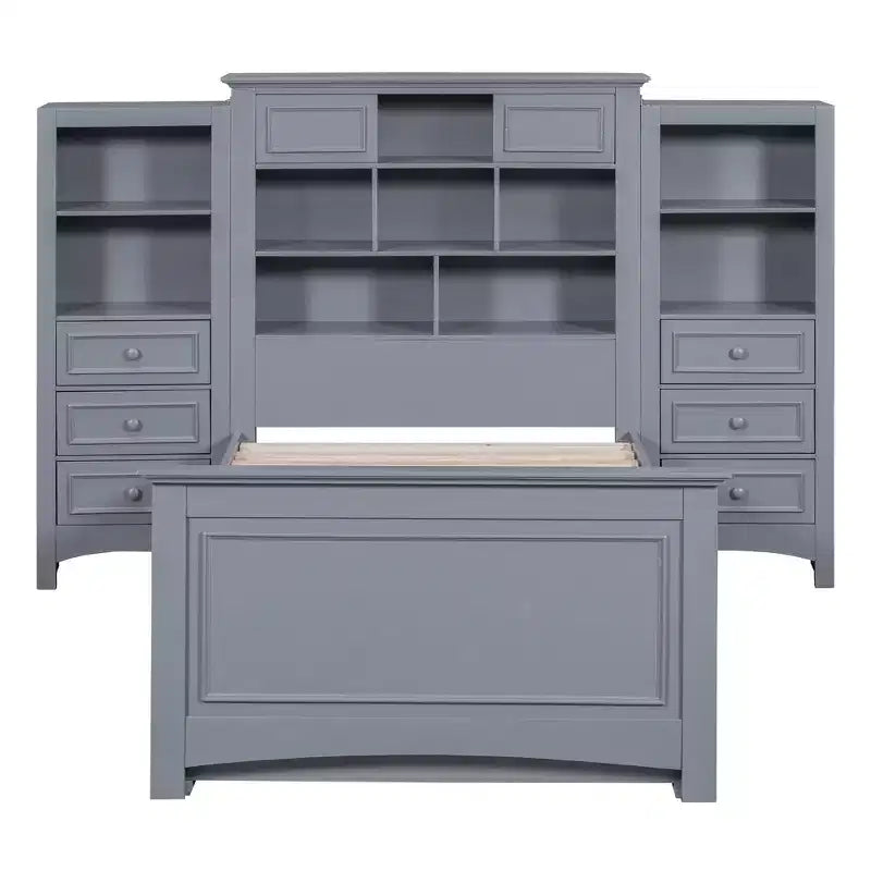 Letto a piattaforma singolo in legno con armadio verticale all-in-one e 4 cassetti su ogni lato, bianco