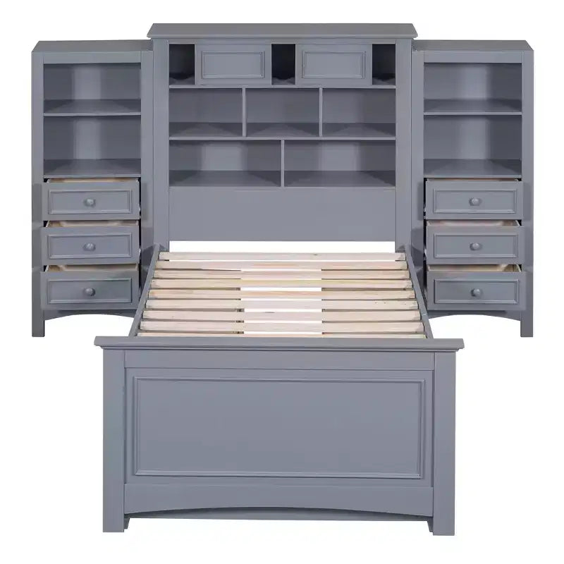 Letto a piattaforma singolo in legno con armadio verticale all-in-one e 4 cassetti su ogni lato, bianco