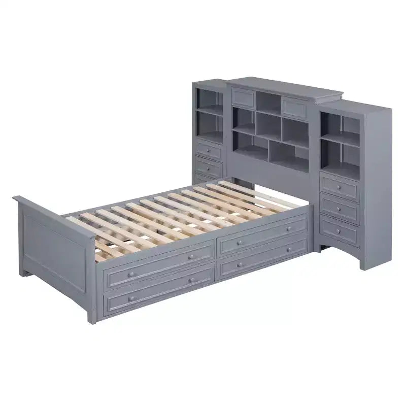 Letto a piattaforma singolo in legno con armadio verticale all-in-one e 4 cassetti su ogni lato, bianco