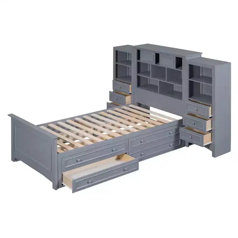 Letto a piattaforma singolo in legno con armadio verticale all-in-one e 4 cassetti su ogni lato, bianco