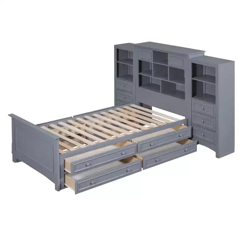Letto a piattaforma singolo in legno con armadio verticale all-in-one e 4 cassetti su ogni lato, bianco