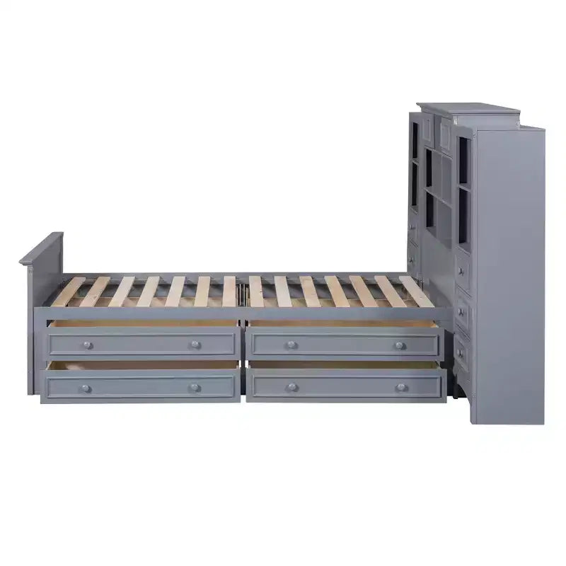 Letto a piattaforma singolo in legno con armadio verticale all-in-one e 4 cassetti su ogni lato, bianco