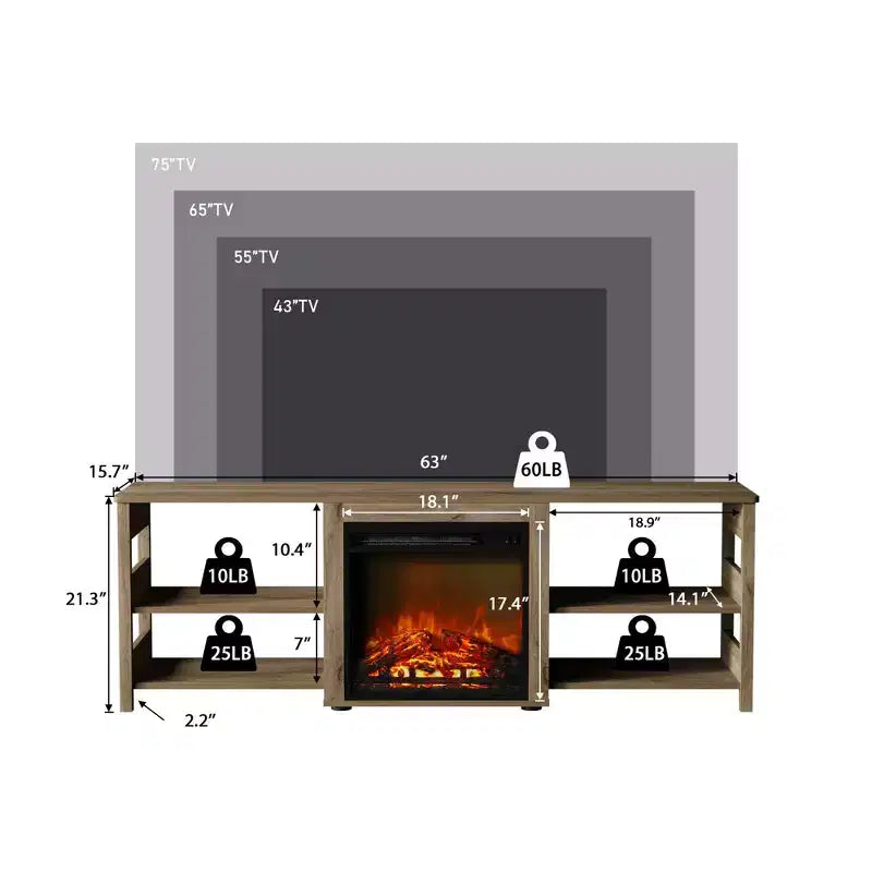 Mobile TV HOMELUX con camino per TV fino a 75 pollici con mensole portaoggetti