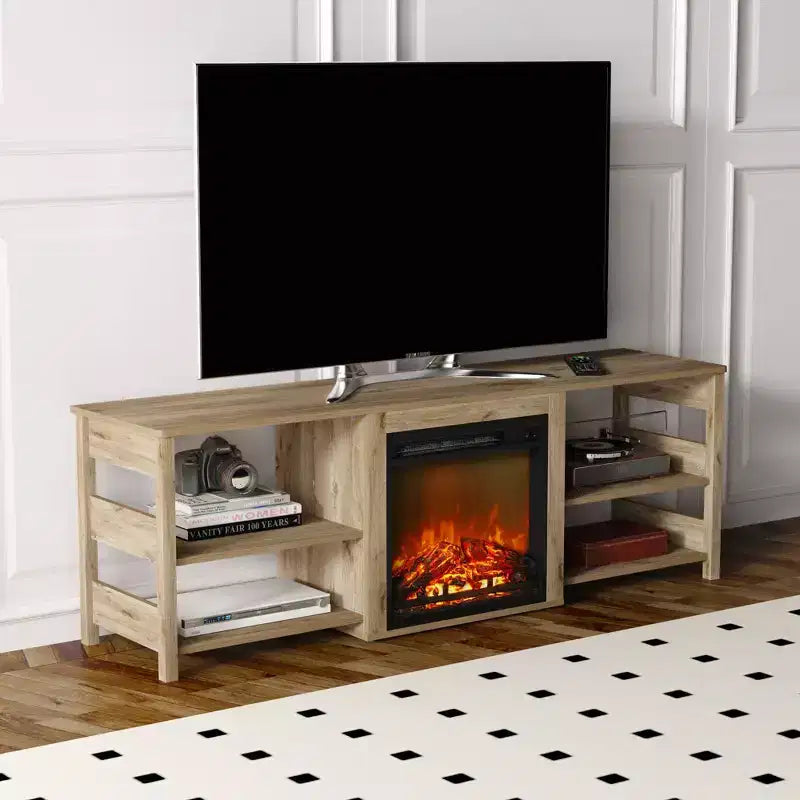 Mobile TV HOMELUX con camino per TV fino a 75 pollici con mensole portaoggetti