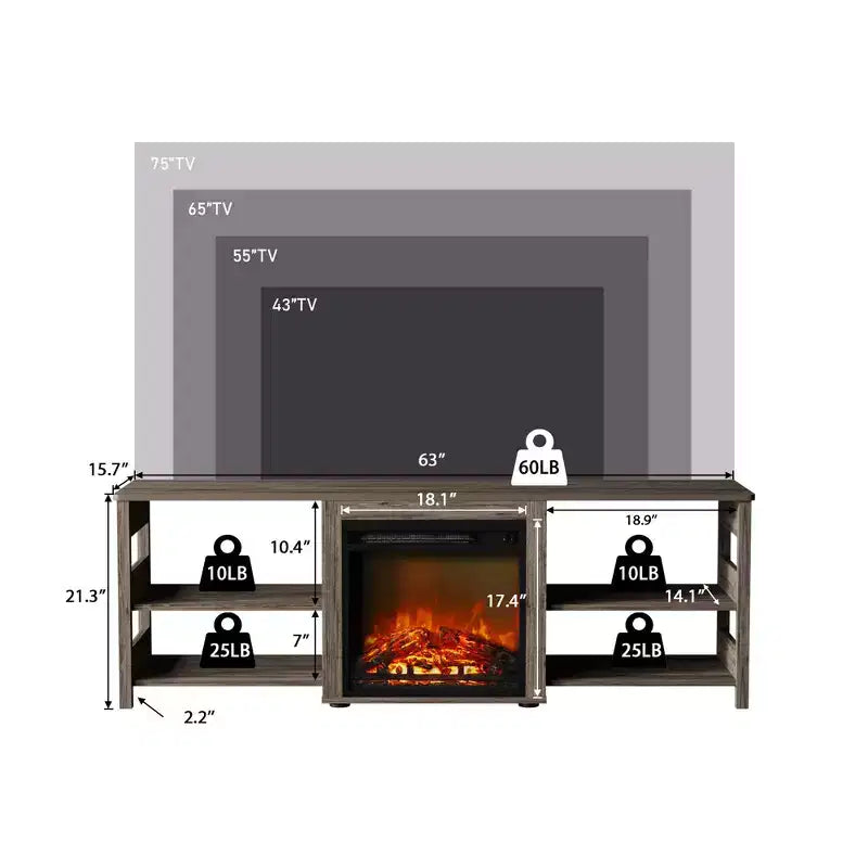 Mobile TV HOMELUX con camino per TV fino a 75 pollici con mensole portaoggetti
