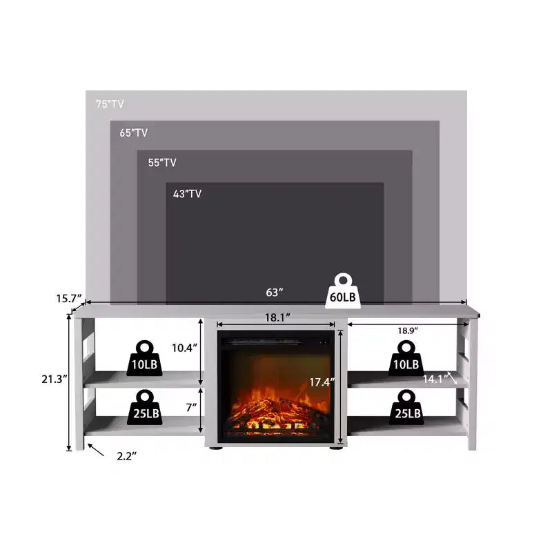 Mobile TV HOMELUX con camino per TV fino a 75 pollici con mensole portaoggetti