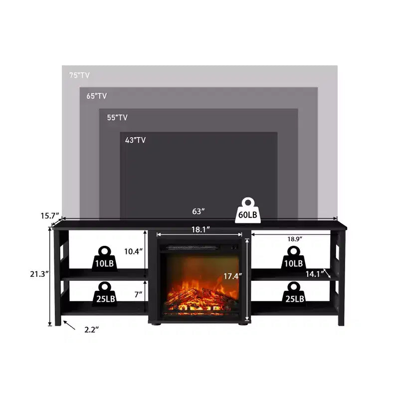 Mobile TV HOMELUX con camino per TV fino a 75 pollici con mensole portaoggetti