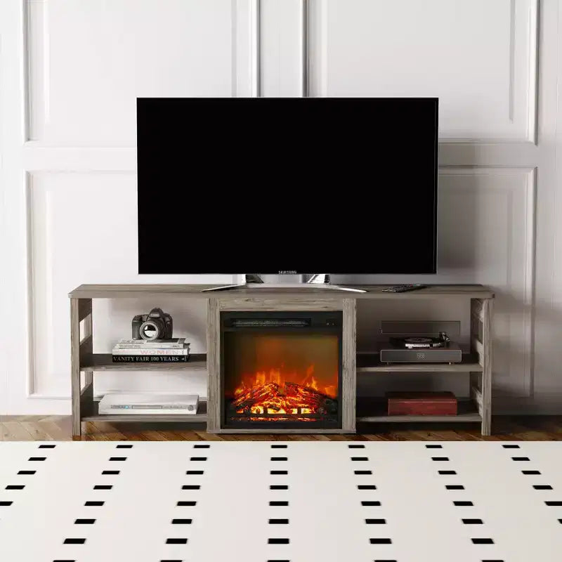 Mobile TV HOMELUX con camino per TV fino a 75 pollici con mensole portaoggetti
