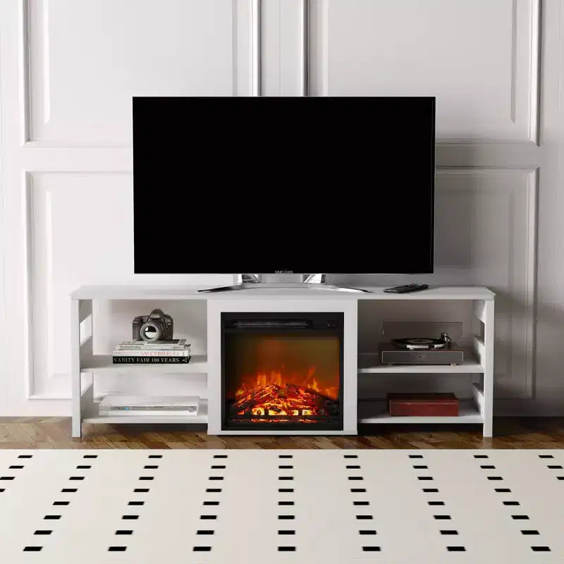 Mobile TV HOMELUX con camino per TV fino a 75 pollici con mensole portaoggetti
