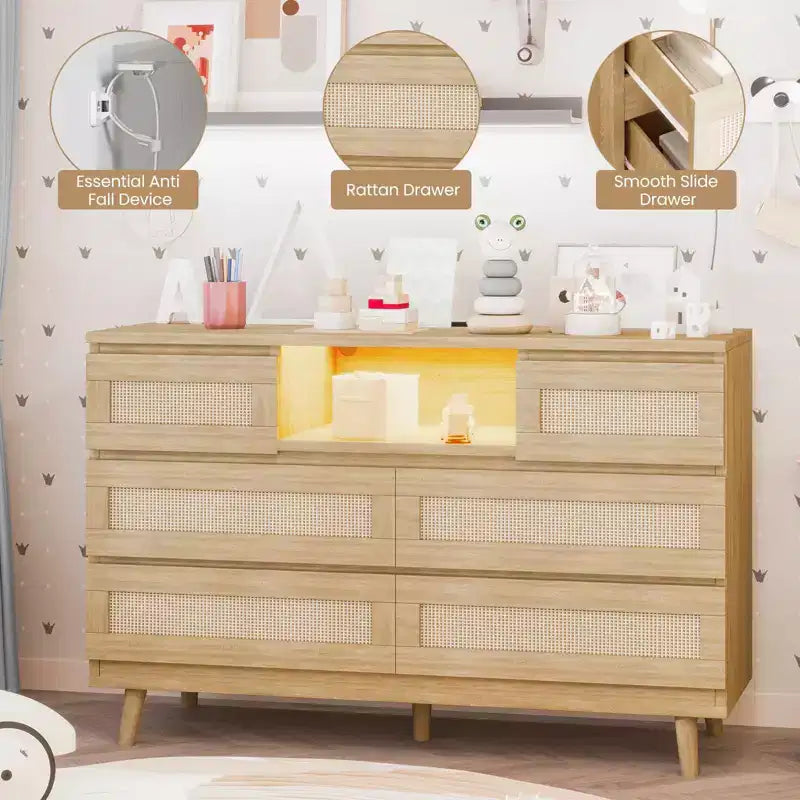 Cassettiera in Rattan Naturale a 6 Cassetti - 120L x 40P x 80A cm con Luce LED e Stazione di Ricarica, Cassettiera Stile Fattoria per Camera da Letto/Soggiorno/Cameretta