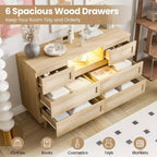 Cassettiera in Rattan Naturale a 6 Cassetti - 120L x 40P x 80A cm con Luce LED e Stazione di Ricarica, Cassettiera Stile Fattoria per Camera da Letto/Soggiorno/Cameretta