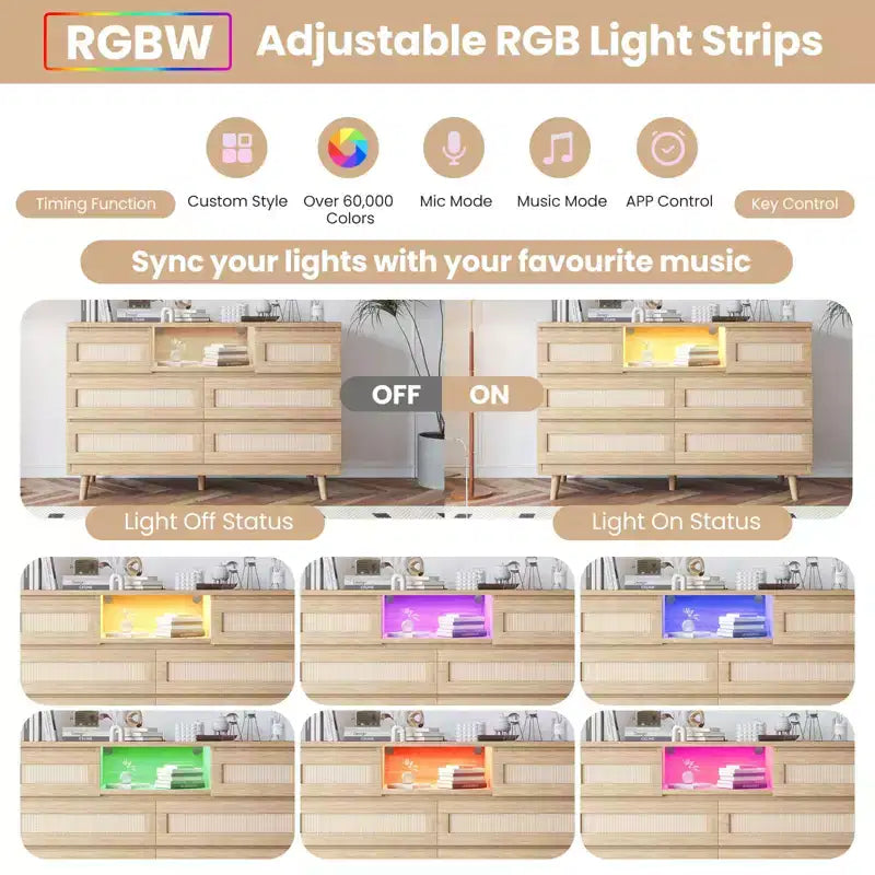 Cassettiera in Rattan Naturale a 6 Cassetti - 120L x 40P x 80A cm con Luce LED e Stazione di Ricarica, Cassettiera Stile Fattoria per Camera da Letto/Soggiorno/Cameretta