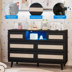 Cassettiera in Rattan Naturale a 6 Cassetti - 120L x 40P x 80A cm con Luce LED e Stazione di Ricarica, Cassettiera Stile Fattoria per Camera da Letto/Soggiorno/Cameretta