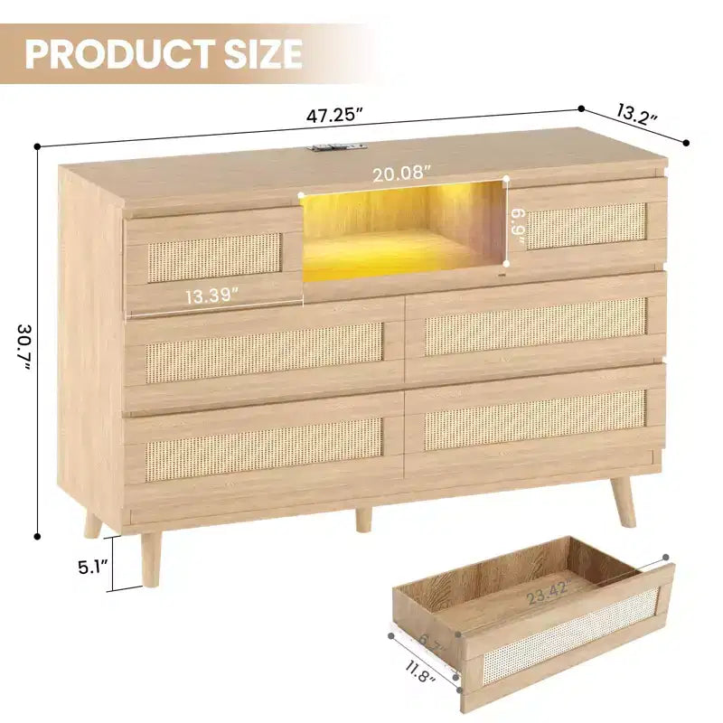 Cassettiera in Rattan Naturale a 6 Cassetti - 120L x 40P x 80A cm con Luce LED e Stazione di Ricarica, Cassettiera Stile Fattoria per Camera da Letto/Soggiorno/Cameretta