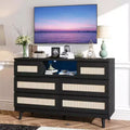 Natural Rattan 6-Drawer Dresser - 47.2W x 15.7D x 31.5H w/LED Light & Charging Station, Farmhouse Chest for Bedroom/Living Room/Nursery