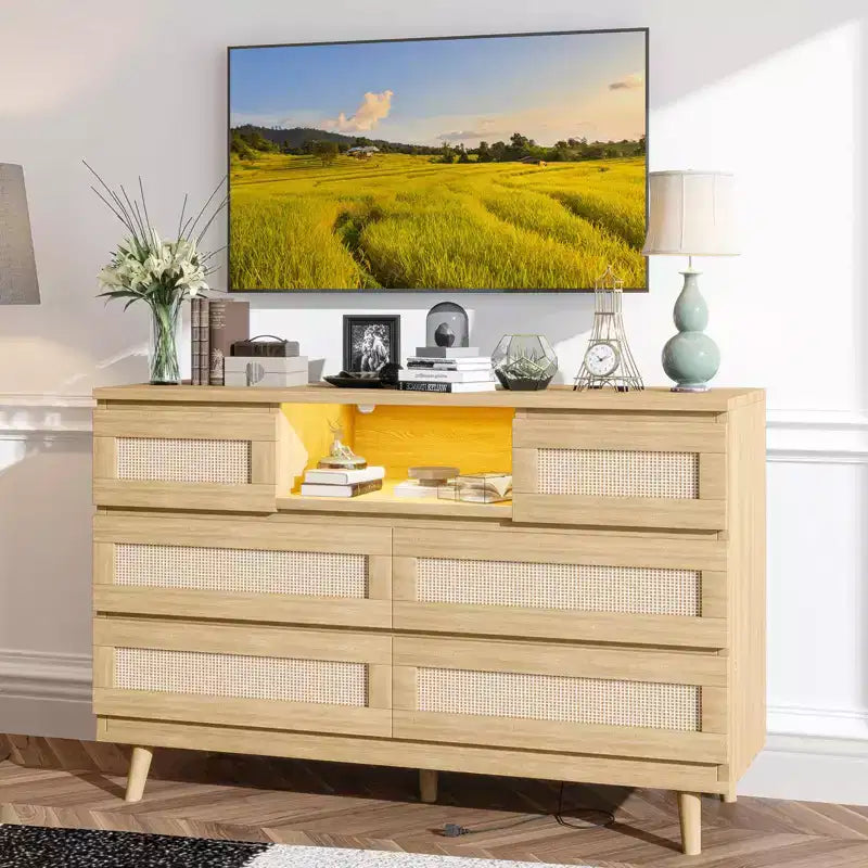 Cassettiera in Rattan Naturale a 6 Cassetti - 120L x 40P x 80A cm con Luce LED e Stazione di Ricarica, Cassettiera Stile Fattoria per Camera da Letto/Soggiorno/Cameretta