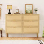 Cassettiera a 6 cassetti in rattan, comò moderno con gambe e maniglie, cassettiera doppia e ampia con design antiribaltamento per camera da letto, soggiorno