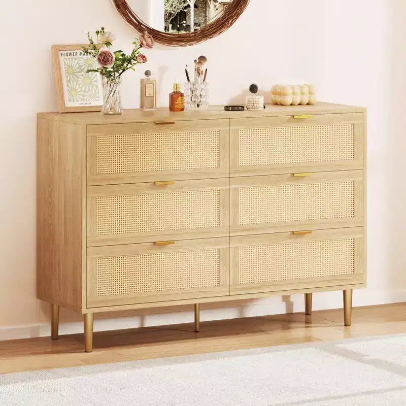 Cassettiera a 6 cassetti in rattan, comò moderno con gambe e maniglie, cassettiera doppia e ampia con design antiribaltamento per camera da letto, soggiorno
